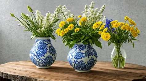 still life, wild flowers in blue and white and yellow, one vintage white conical chipped ceramic vase, on a wooden table,