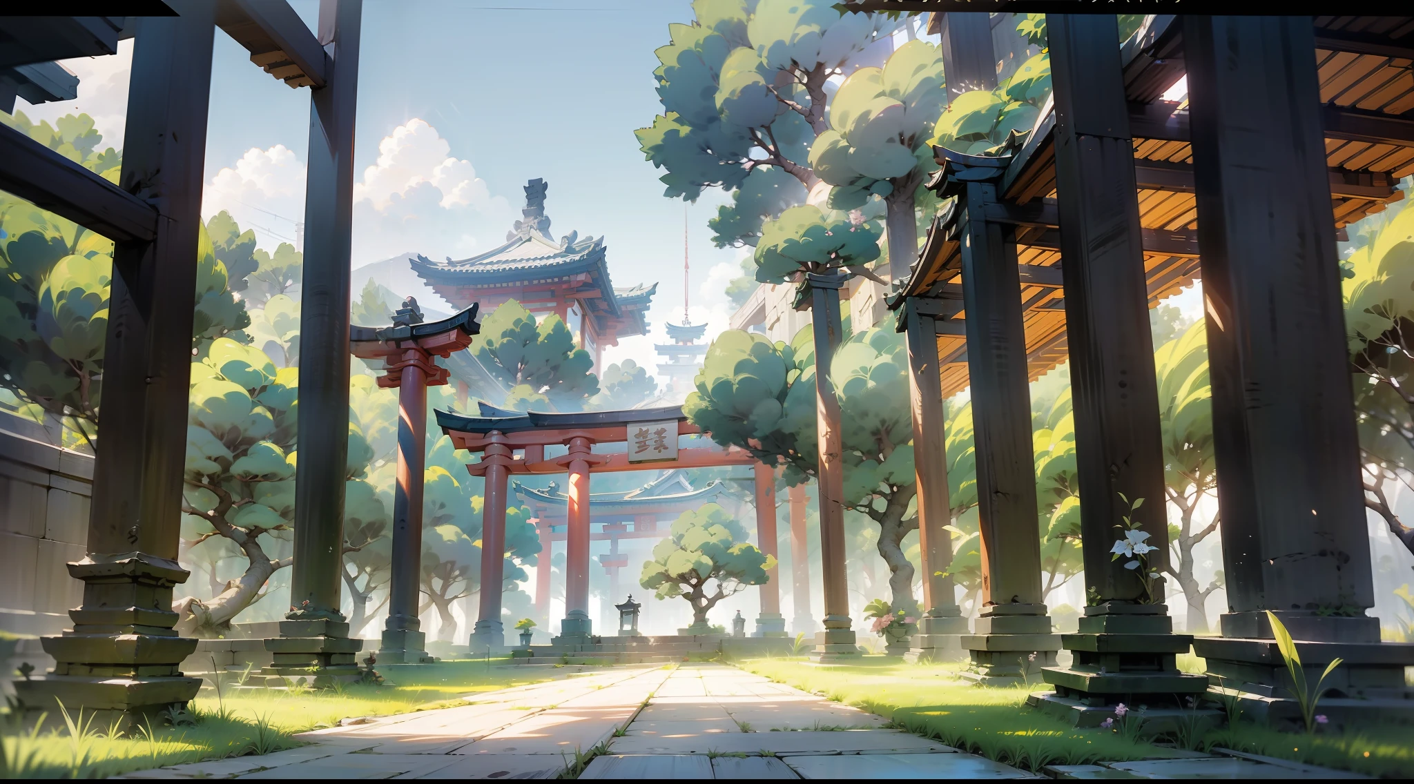 Diseño de escena de anime japonés.，Santuarios antiguos，ladera，árboles enormes，Wisteria flores，Ambiente tranquilo y elegante.，estilo de pintura delicado y suave，Efectos de iluminación cinematográficos.，Calidad de imagen HD，abundante detalle，32k，Fondo de pantalla HD 8K muy perfecto y unificado.，Escultura de renderizado OC