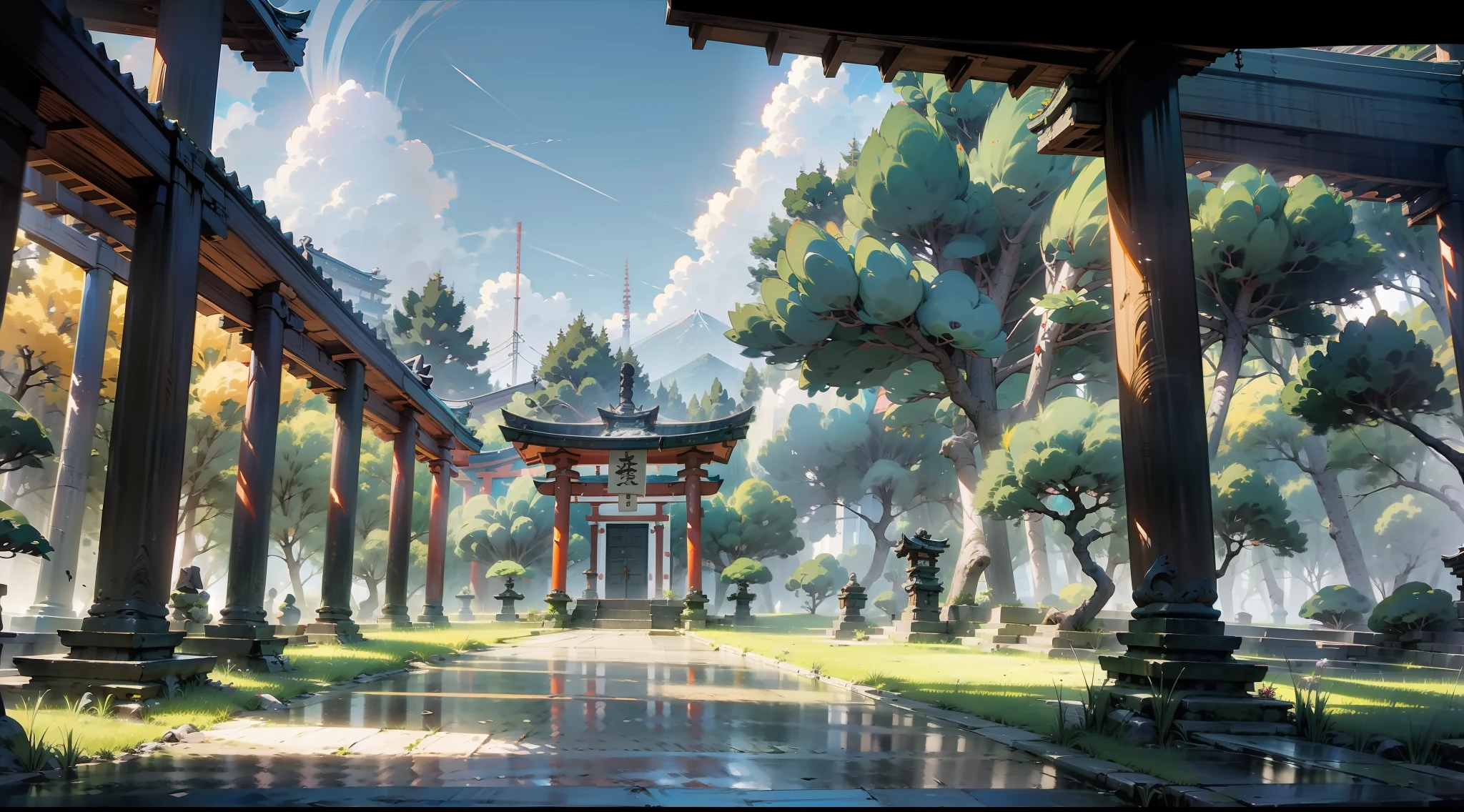 Diseño de escena de anime japonés.，Santuarios antiguos，ladera，árboles enormes，Wisteria flores，Ambiente tranquilo y elegante.，estilo de pintura delicado y suave，Efectos de iluminación cinematográficos.，Calidad de imagen HD，abundante detalle，32k，Fondo de pantalla HD 8K muy perfecto y unificado.，Escultura de renderizado OC