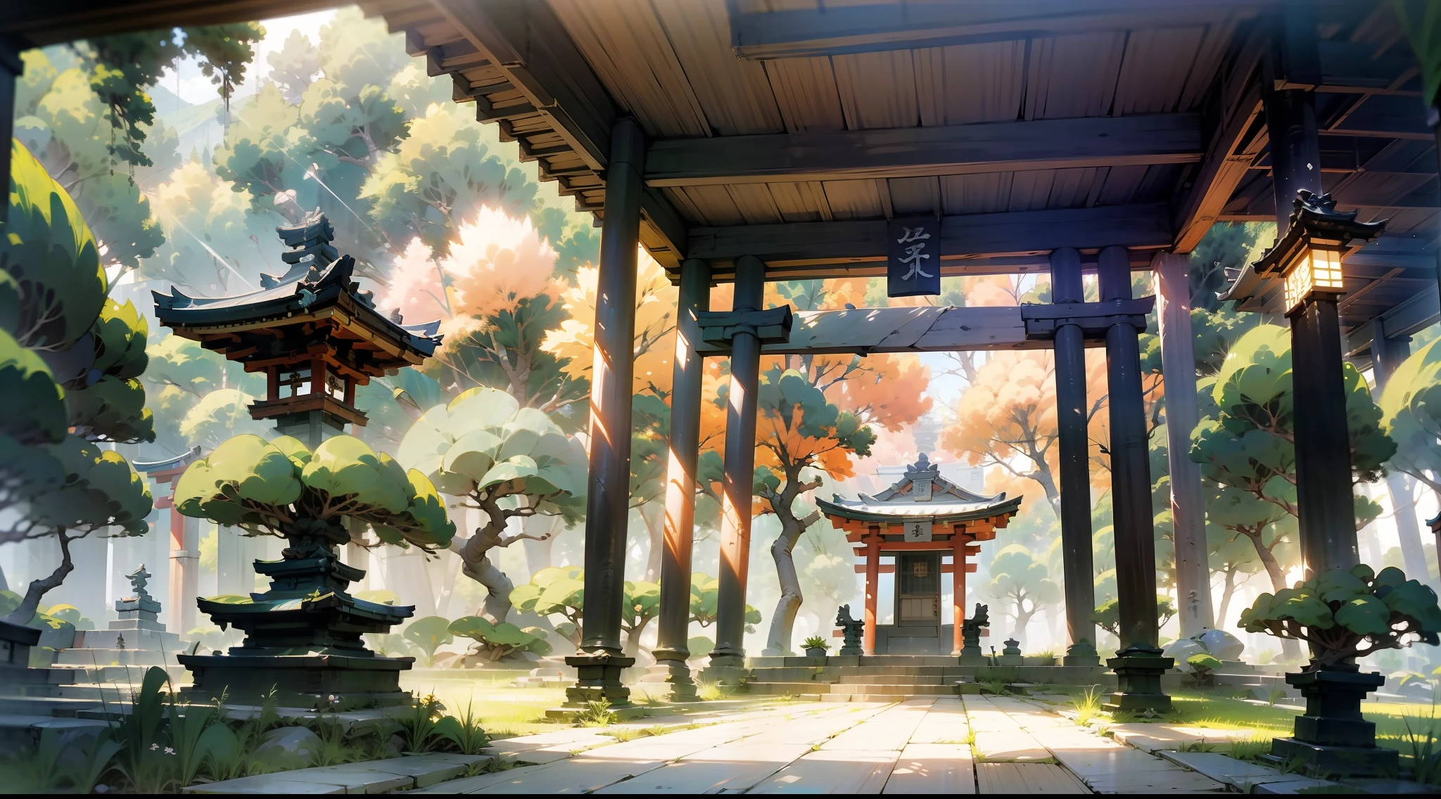 Japanese anime scene design，Ancient shrines，hillside，massive trees，Wisteria flowers，Quiet and elegant atmosphere，Delicate and soft painting style，Cinematic lighting effects，HD picture quality，abundant detail，32K，Very perfect and unified 8K HD wallpaper，OC rendering sculpture