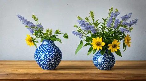 still life, wild flowers in blue and white and yellow, one vintage white conical chipped ceramic vase, on a wooden table,