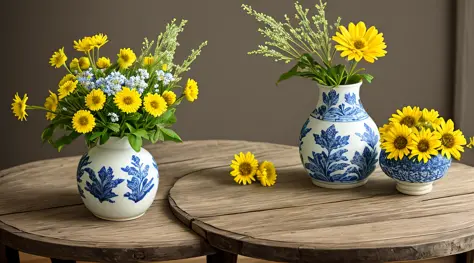 still life, wild flowers in blue and white and yellow, one vintage white conical chipped ceramic vase, on a wooden table,