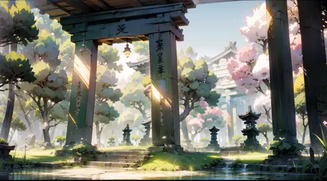 Japanese anime scene design，Ancient shrines，（hillside，massive trees，Wisteria flowers），Quiet and elegant atmosphere，Delicate and soft painting style，Cinematic lighting effects，HD picture quality，abundant detail，32K，Very perfect and unified 8K HD wallpaper，O...