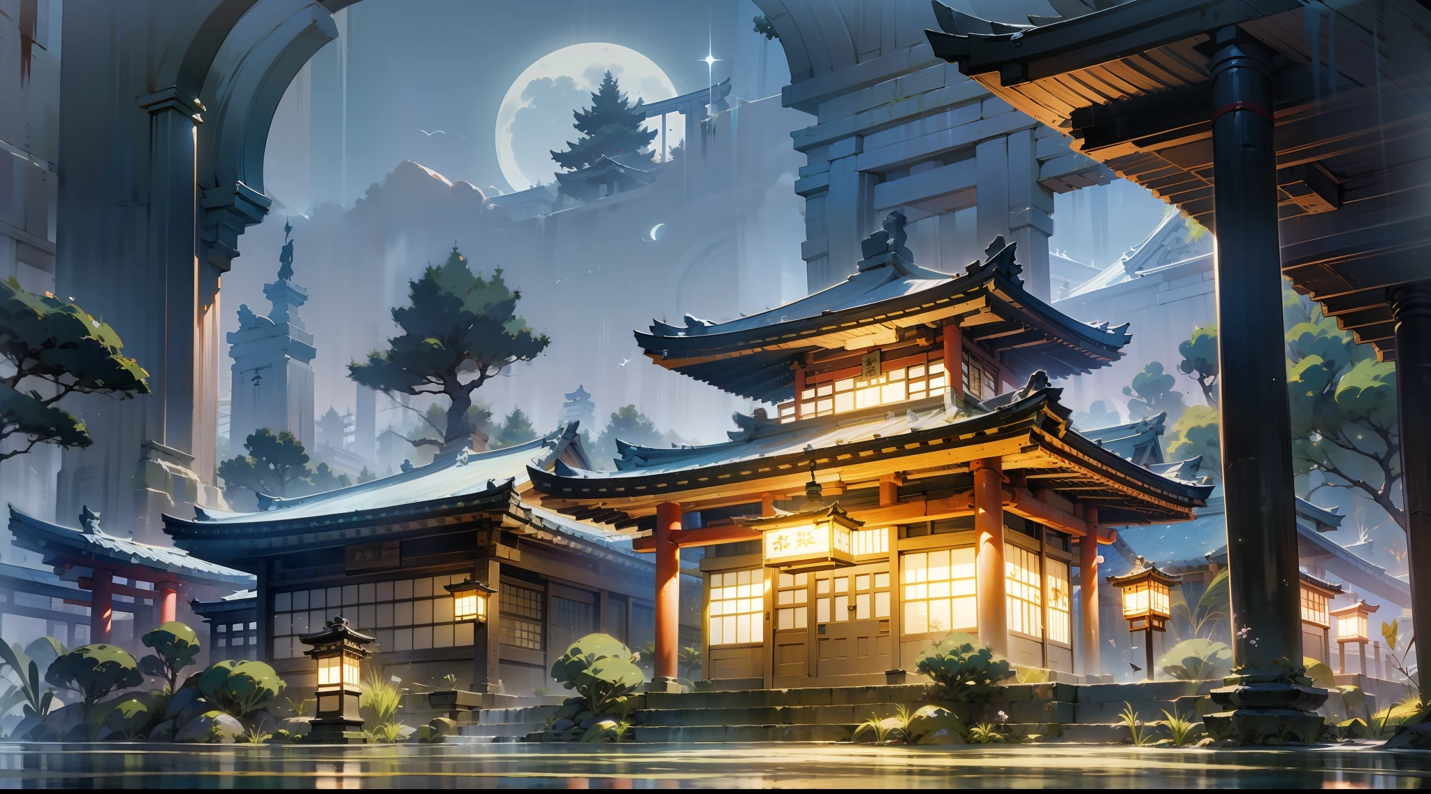 Japanese anime scene design，Ancient shrine at night，（night，fireflys，As estrelas，The moon，hillside，massive trees，Wisteria flowers），Quiet and elegant atmosphere，Delicate and soft painting style，Cinematic lighting effects，HD picture quality，abundant detail，32K，Very perfect and unified 8K HD wallpaper，OC rendering sculpture