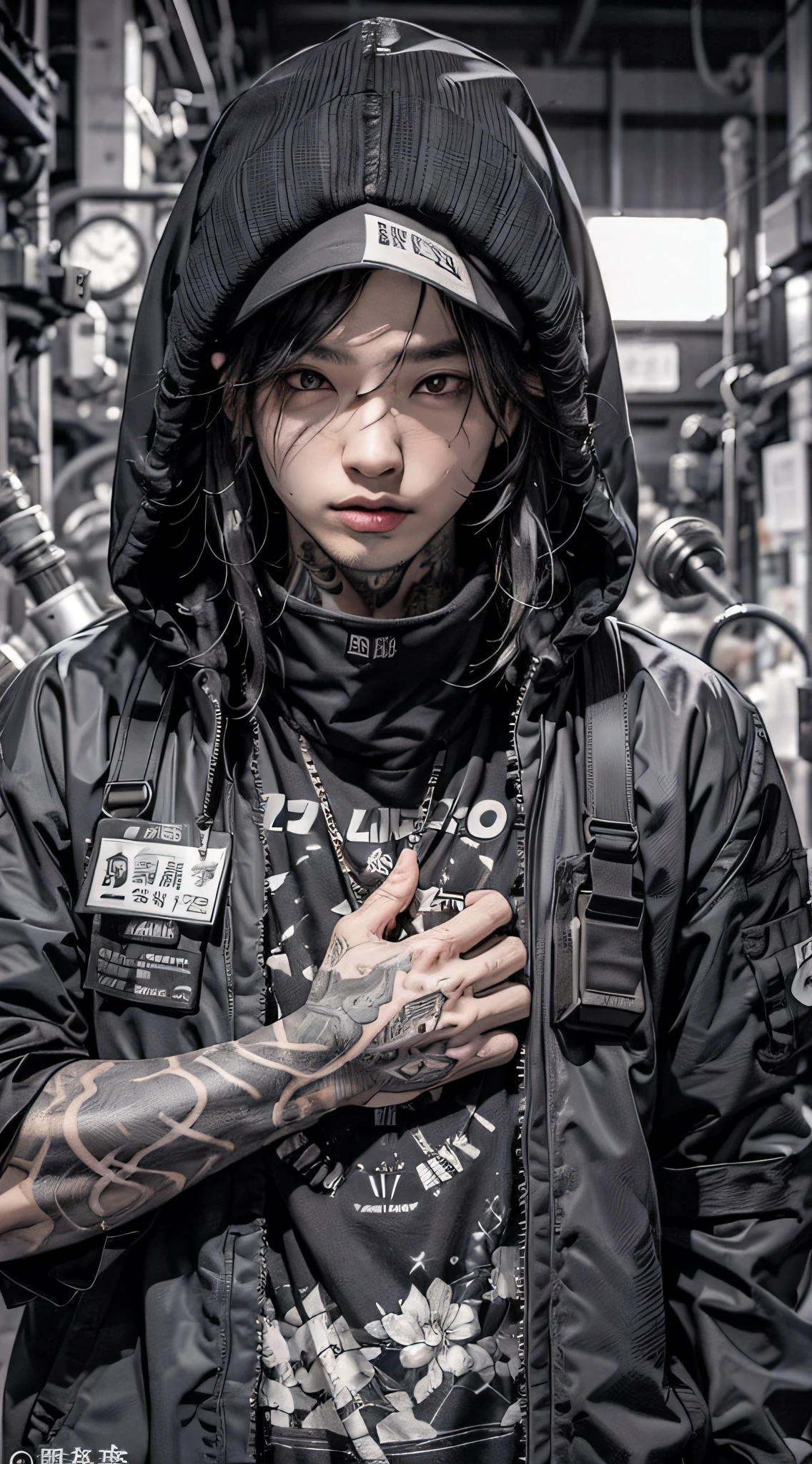 (Best quality, Masterpiece)OriginalPhotographs,Fisheyes(rapper with dread hair, tattooed,mechanic arms)techwear jacket,Hood,scrolls,black and white clothes,Very detailed,cinematic,Glow,ultrasharp,Particle