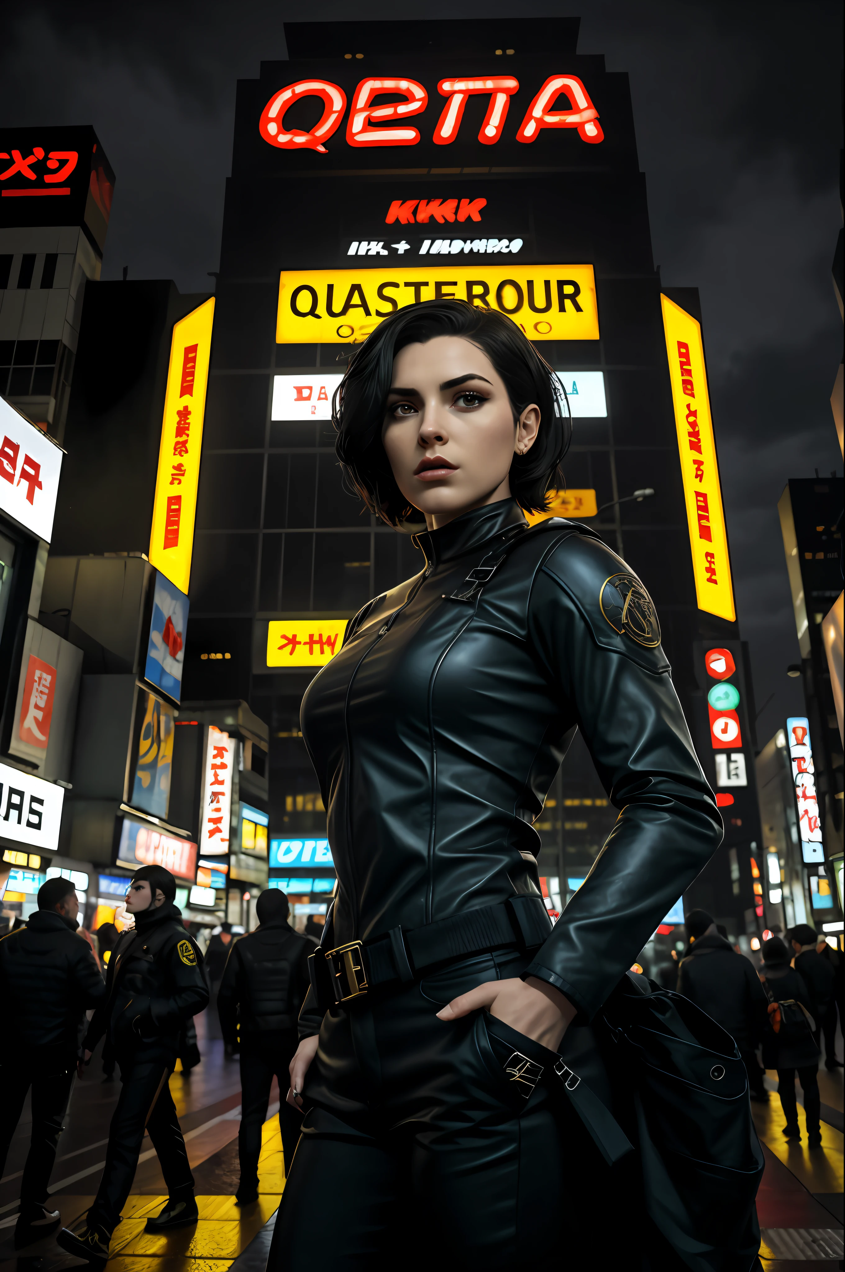 (Masterpiece artwork, best qualityer), 1girl, 独奏, cassandra cain, black leather jacket, Bblack hair, eyes browns,
akihabara, of the dead, natta, From  above, Standing roof, neon sign, Game Center,