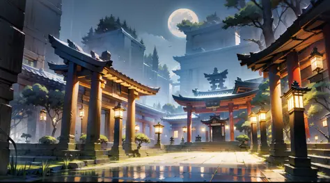 Japanese anime scene design，Ancient shrine at night，（Night，fireflys，As estrelas，The moon，hillside，massive trees，Wisteria flowers...