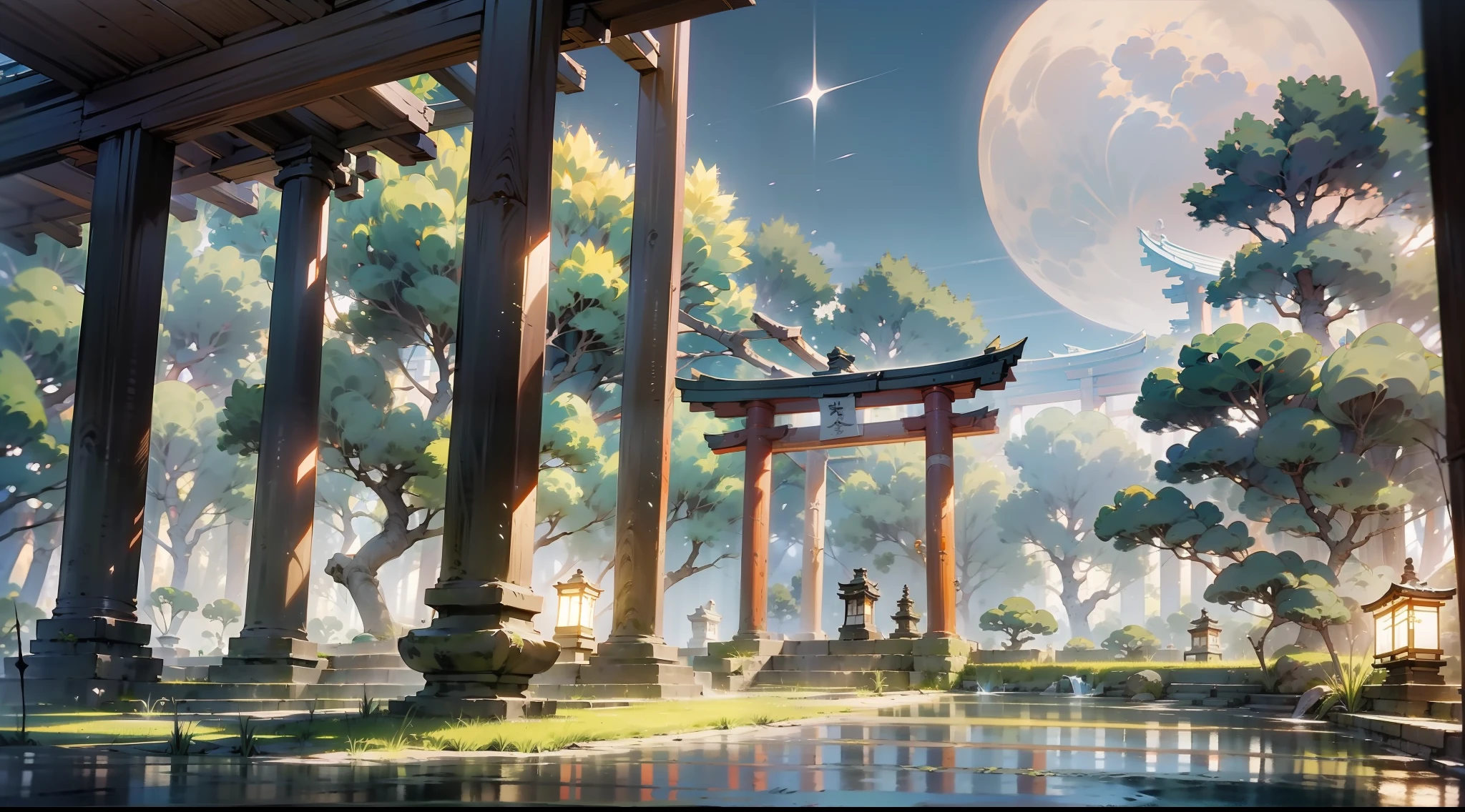 Japanese anime scene design，night，（Night，fireflys，As estrelas，The moon，hillside，massive trees，Wisteria flowers），Quiet and elegant atmosphere，Delicate and soft painting style，Cinematic lighting effects，HD picture quality，abundant detail，32K，Very perfect and unified 8K HD wallpaper，OC rendering sculpture