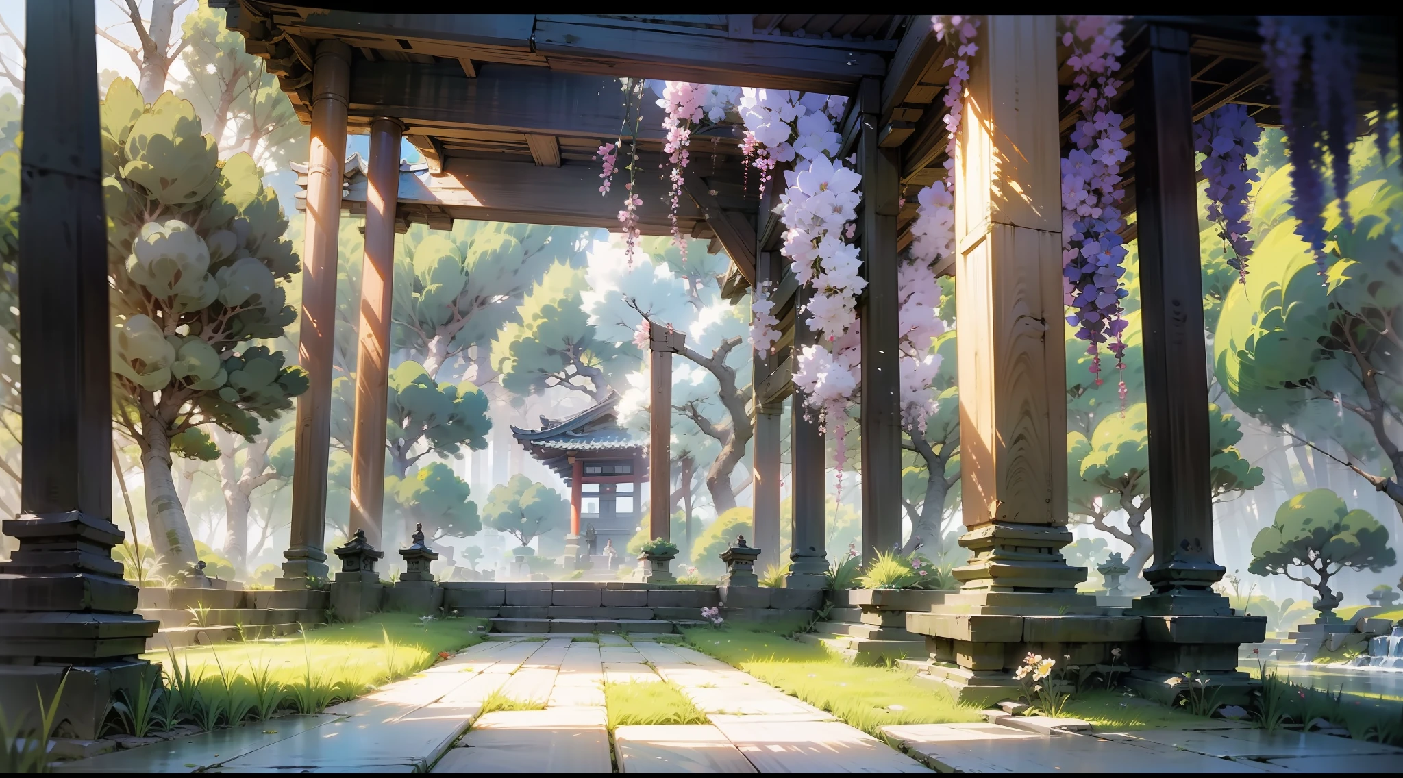 Japanese anime scene design，hillside，massive trees，Wisteria flowers，Quiet and elegant atmosphere，Delicate and soft painting style，Cinematic lighting effects，HD picture quality，abundant detail，32K，Very perfect and unified 8K HD wallpaper，OC rendering sculpture