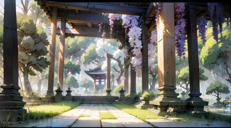 Japanese anime scene design，hillside，massive trees，Wisteria flowers，Quiet and elegant atmosphere，Delicate and soft painting style，Cinematic lighting effects，HD picture quality，abundant detail，32K，Very perfect and unified 8K HD wallpaper，OC rendering sculpt...