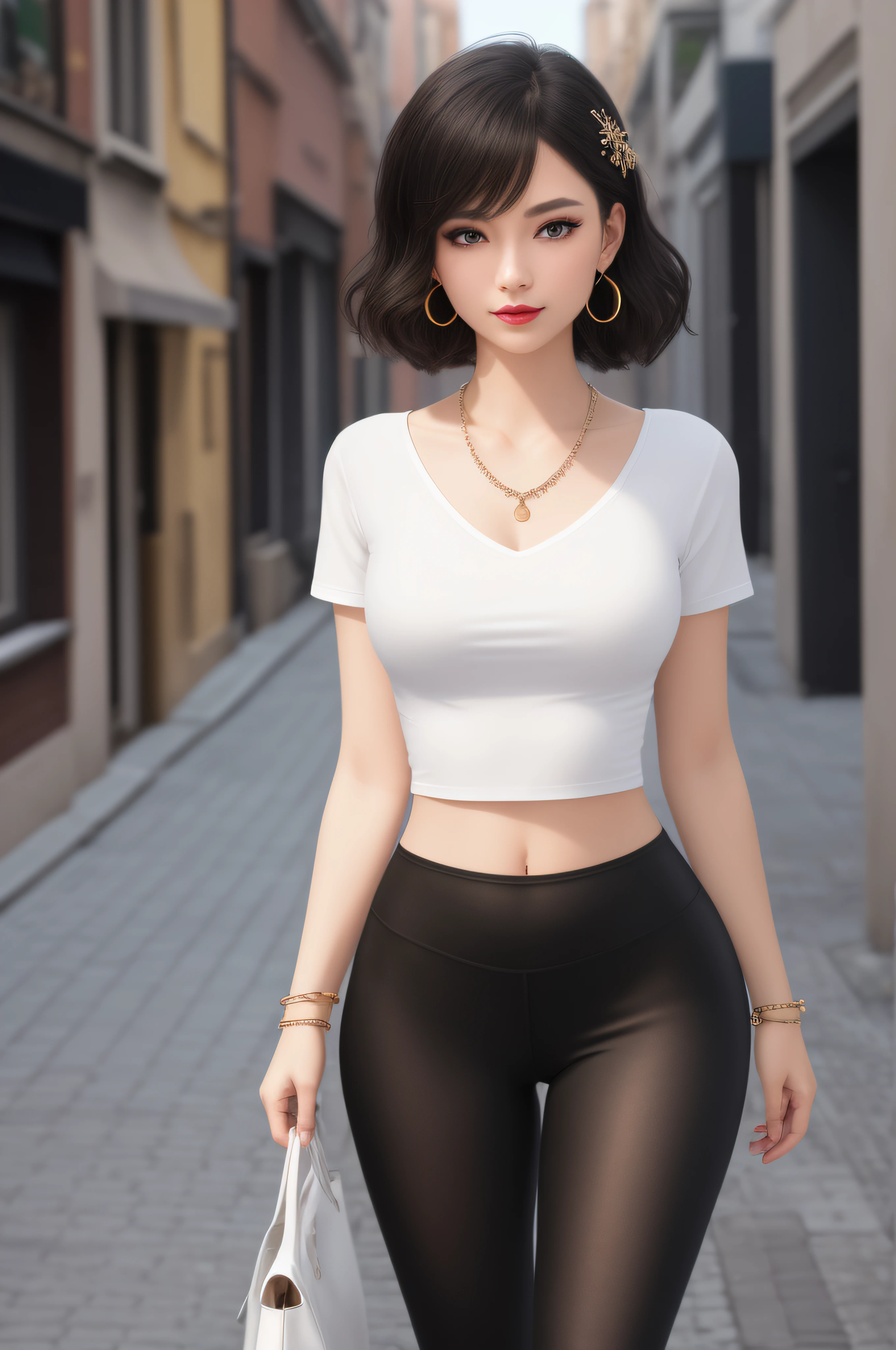 (Same Characters, Frontal), ((Best Quality)), ((Masterpiece)), ((Ultra High Resolution)), (Intricate Details), (Soft Lighting), Cinematic, Dramatic, Composition, Clear Sky, Fauvism, Surreal, Epic, Awe, Crazy Level of Detail, 1 Woman, (Beautiful Body), White Leggings, (White Top) (Short and Tight Top), (Full Body Shot), (Black hair: 1.5) High ponytail, 35mm, sharp, surreal, necklace, (detailed ornament), hair accessories, earrings, bracelets, rings, soft lips, pink lipstick, blue eyes, blonde ratio, wide shoulders, narrow waist, normal breasts, real human skin, lens flare, shadow, backlight, natural lighting, street background, smile, blush, depth of field, full body, standing, detailed face, detailed body, mesh, (full body: 1.6), (Bokeh: 1.1), Skyline, (Reality: 1.4), Looking at the viewer, Double eyelids, (standing: 1.3), Facing the viewer, Full Body Photo (FLS), Arms at Sides, Thigh Gap, Single, Vanishing Point