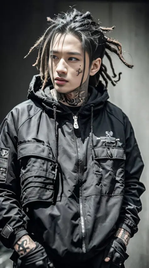 (品质最佳, 巨作)OriginalPhotographs,Fisheyes(rapper with dread hair, tattooed,mechanic arms)techwear jacket,Hood,scrolls,black and whi...