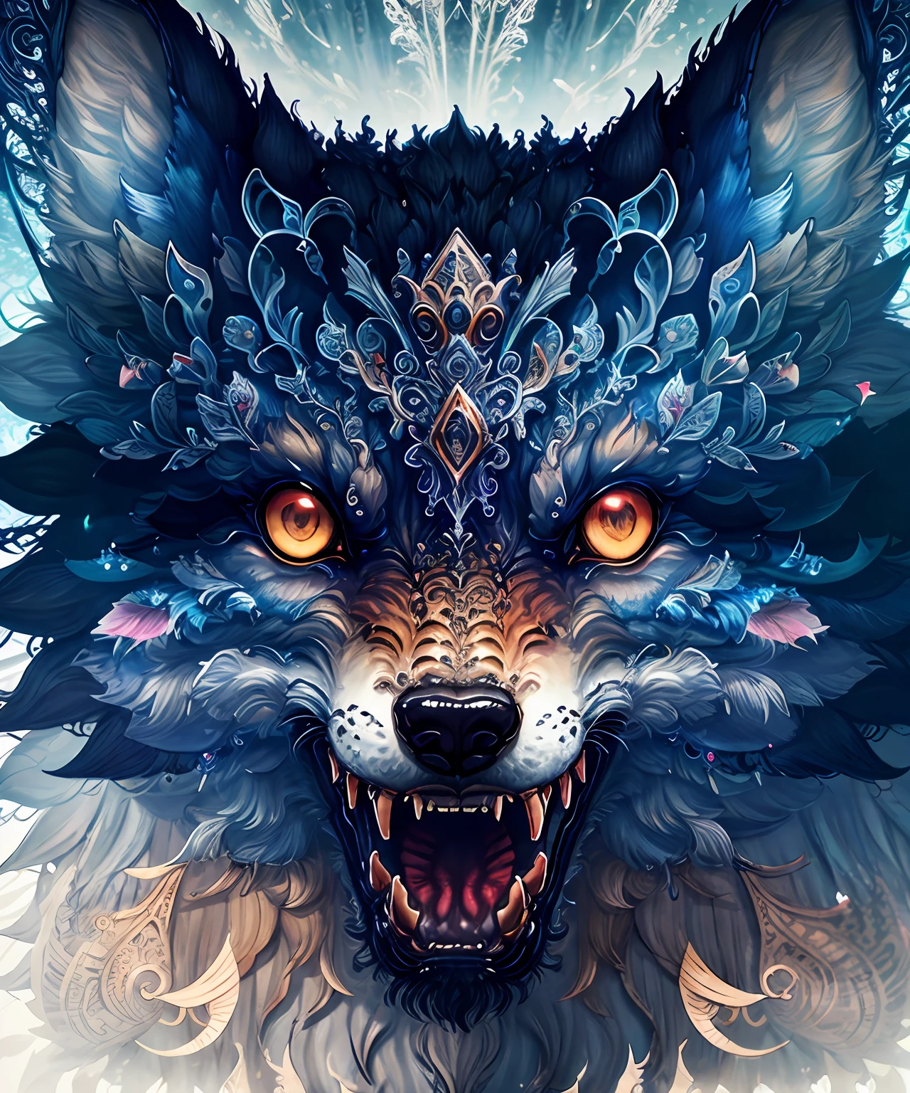 wolf surreal closeup, masterpiece by ncwinters, in the mystical mountains,