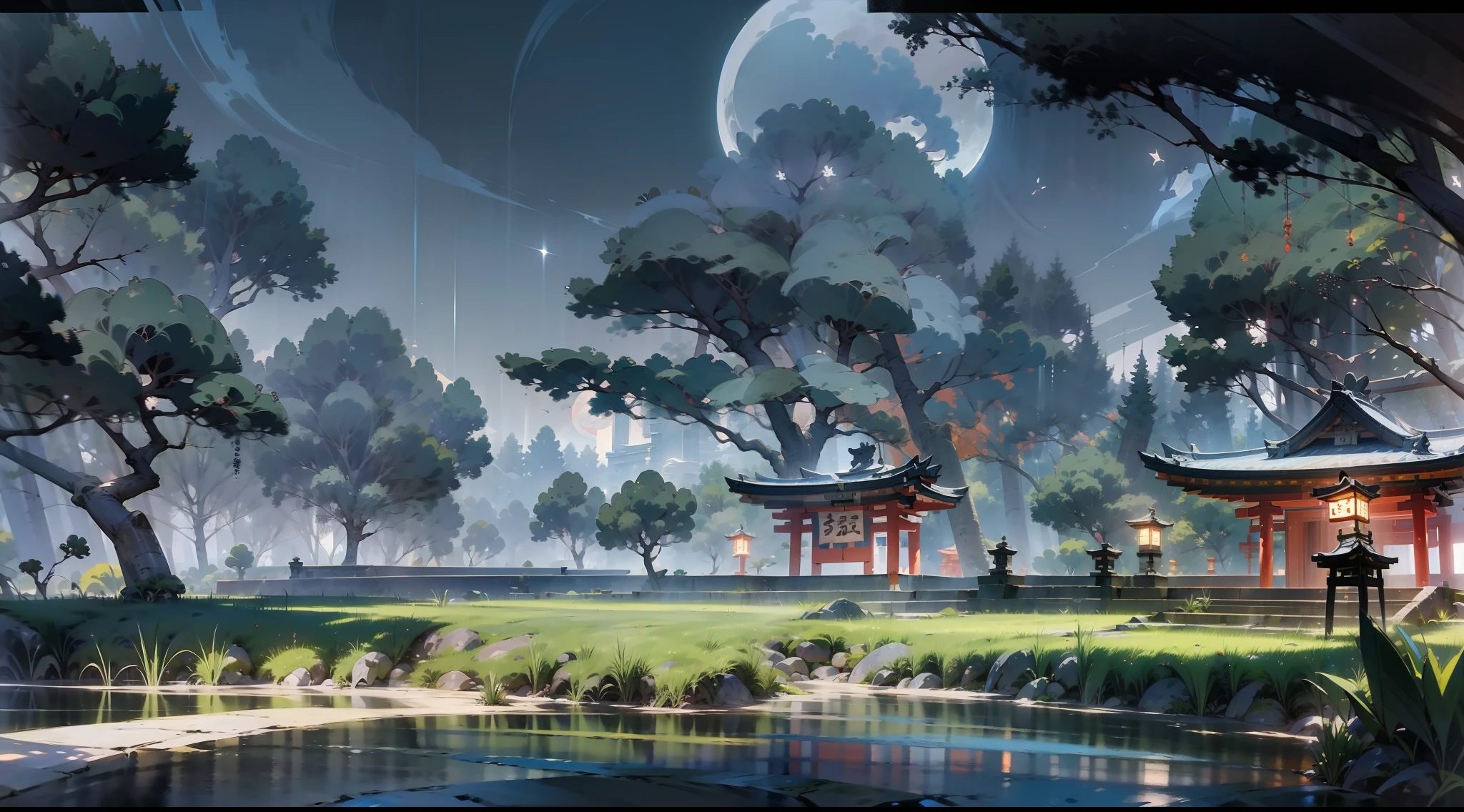 Japanese anime scene design，Ancient shrine at night，（Night，fireflys，As estrelas，The moon，hillside，massive trees，Wisteria flowers），Quiet and elegant atmosphere，Delicate and soft painting style，Cinematic lighting effects，HD picture quality，abundant detail，32K，Very perfect and unified 8K HD wallpaper，OC rendering sculpture