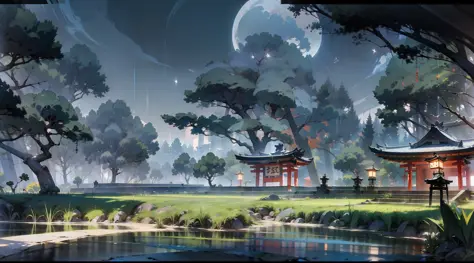 Japanese anime scene design，Ancient shrine at night，（Night，fireflys，As estrelas，The moon，hillside，massive trees，Wisteria flowers），Quiet and elegant atmosphere，Delicate and soft painting style，Cinematic lighting effects，HD picture quality，abundant detail，32...