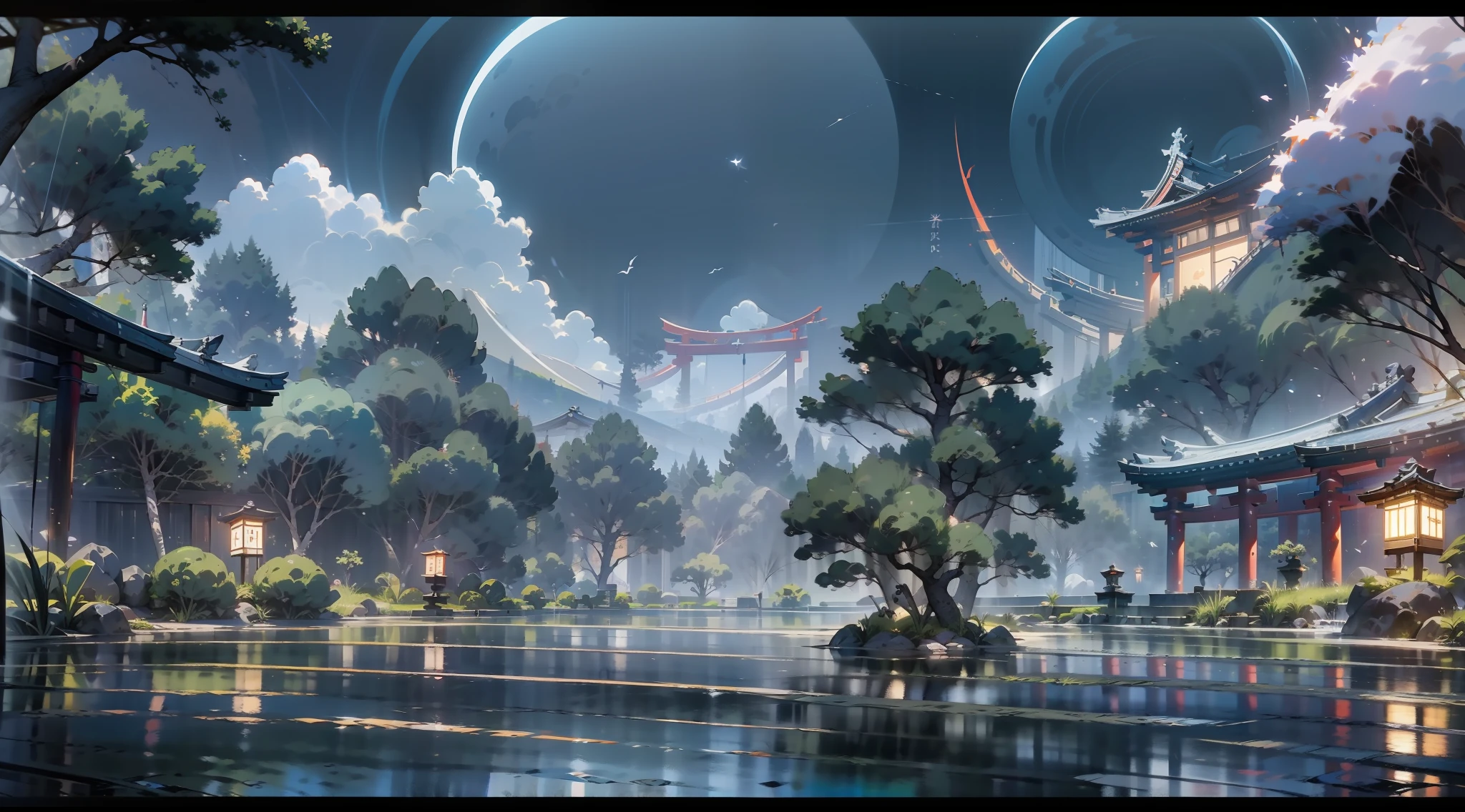 Japanese anime scene design，midnight，（Night，fireflys，As estrelas，The moon，hillside，massive trees，Wisteria flowers），Quiet and elegant atmosphere，Delicate and soft painting style，Cinematic lighting effects，HD picture quality，abundant detail，32K，Very perfect and unified 8K HD wallpaper，OC rendering sculpture