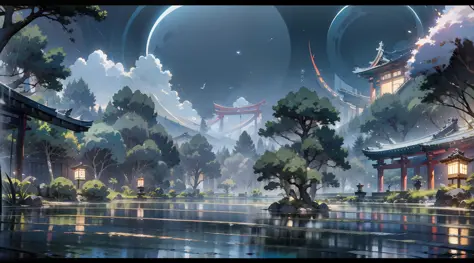 Japanese anime scene design，midnight，（Night，fireflys，As estrelas，The moon，hillside，massive trees，Wisteria flowers），Quiet and ele...
