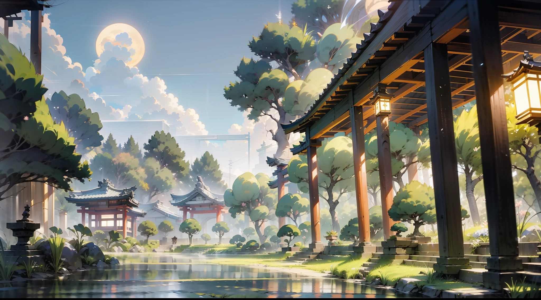 Japanese anime scene design，（midnight，fireflys，As estrelas，The moon，hillside，massive trees，Wisteria flowers），Quiet and elegant atmosphere，Delicate and soft painting style，Cinematic lighting effects，HD picture quality，abundant detail，32K，Very perfect and unified 8K HD wallpaper，OC rendering sculpture