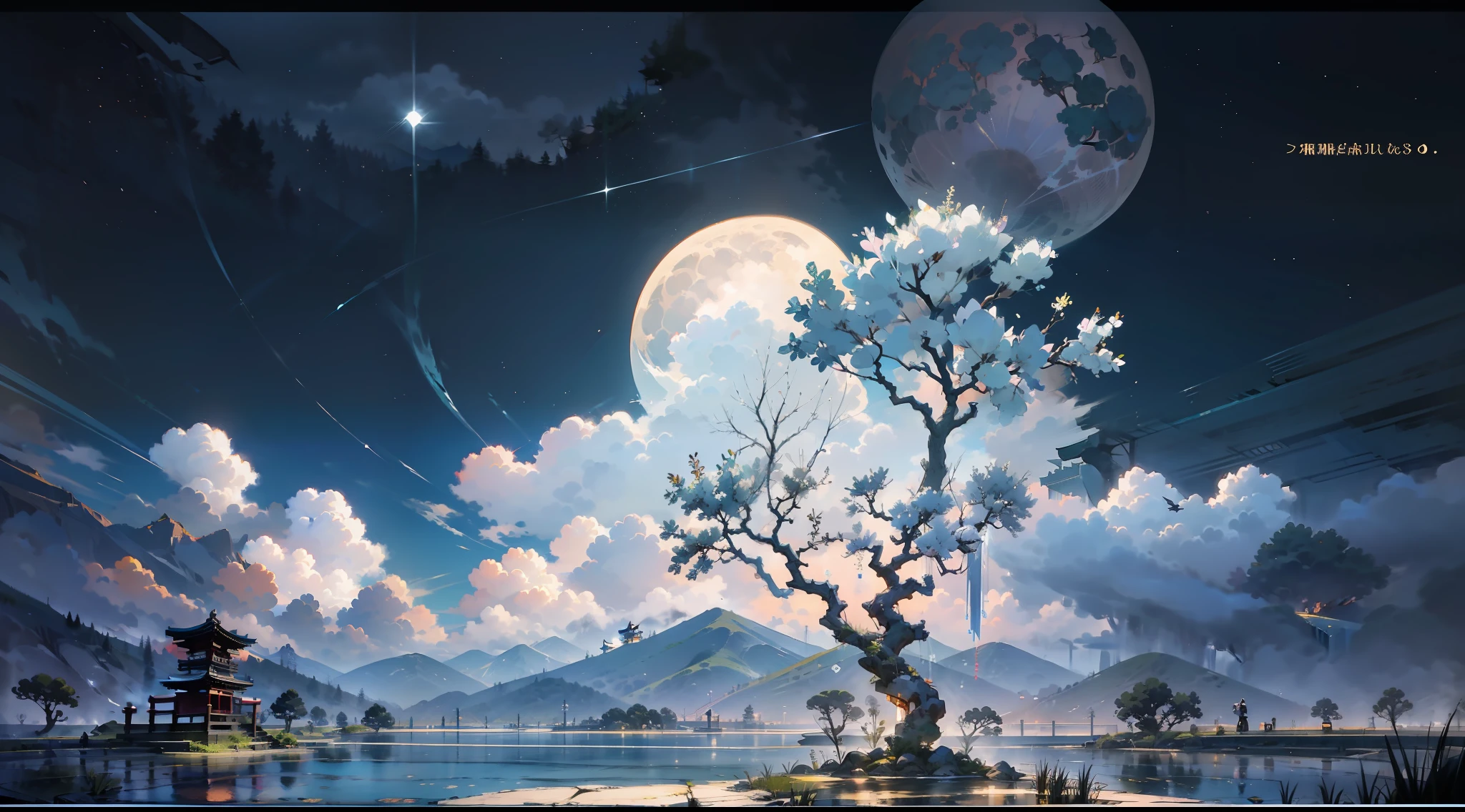 Japanese anime scene design，（midnight，fireflys，As estrelas，The moon，hillside，massive trees，Wisteria flowers），Quiet and elegant atmosphere，Delicate and soft painting style，Cinematic lighting effects，HD picture quality，abundant detail，32K，Very perfect and unified 8K HD wallpaper，OC rendering sculpture