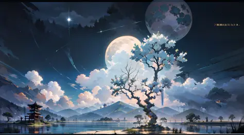 Japanese anime scene design，（midnight，fireflys，As estrelas，The moon，hillside，massive trees，Wisteria flowers），Quiet and elegant a...