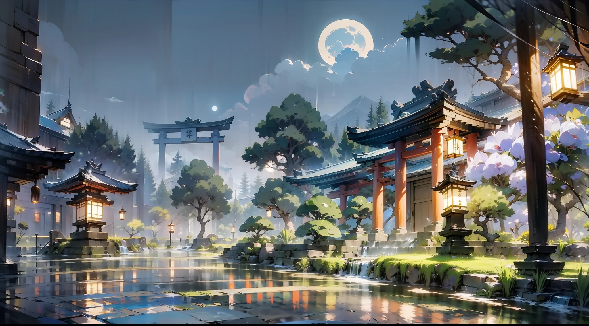 Japanese anime scene design，（midnight，fireflys，hotsprings，As estrelas，The moon，hillside，massive trees，Wisteria flowers），Quiet and elegant atmosphere，Delicate and soft painting style，Cinematic lighting effects，HD picture quality，abundant detail，32K，Very perfect and unified 8K HD wallpaper，OC rendering sculpture