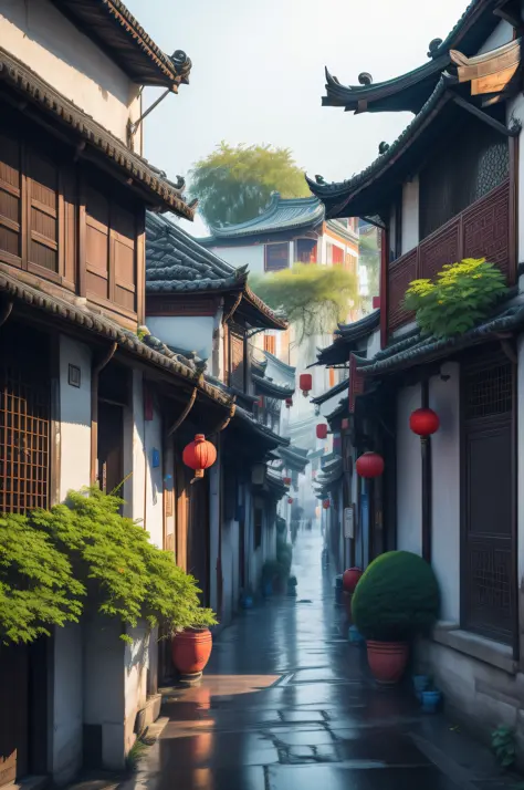 Jiangnan ancient town, the roads on both sides grow flowers, colorful, very beautiful, quiet, ultra-clear picture quality, ultra...
