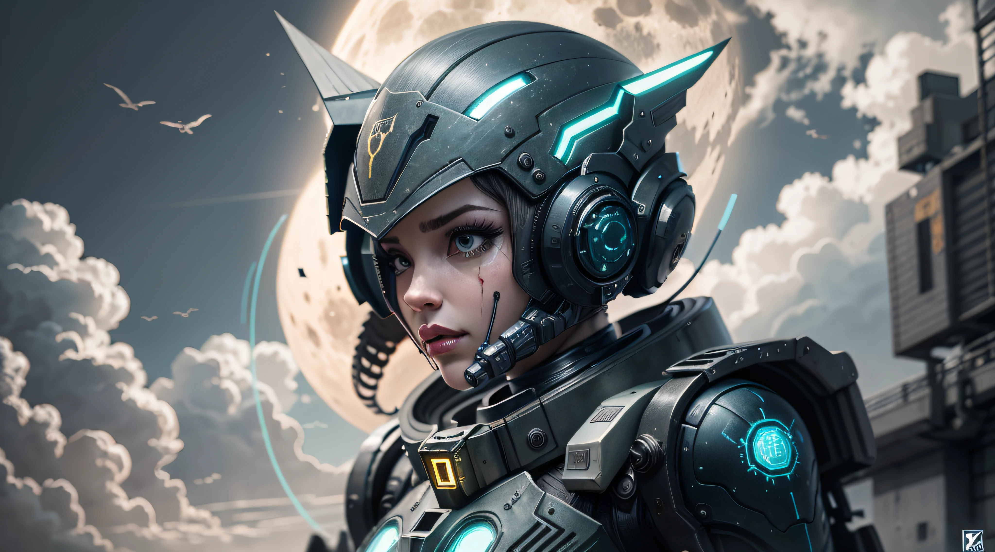 Marine space, Hammer 40,000, world at war, beautiful cyberpunk woman with mecha armor master chef very detailed halo, Mecha Warframe, swirly vibrant colors, rot, offwhite, cerulean, Unripe, metallic yellow, rusty, worn, stained with blood, with sky with clouds and full moon and battleships, full body with detailed armor, bloody battlefield,