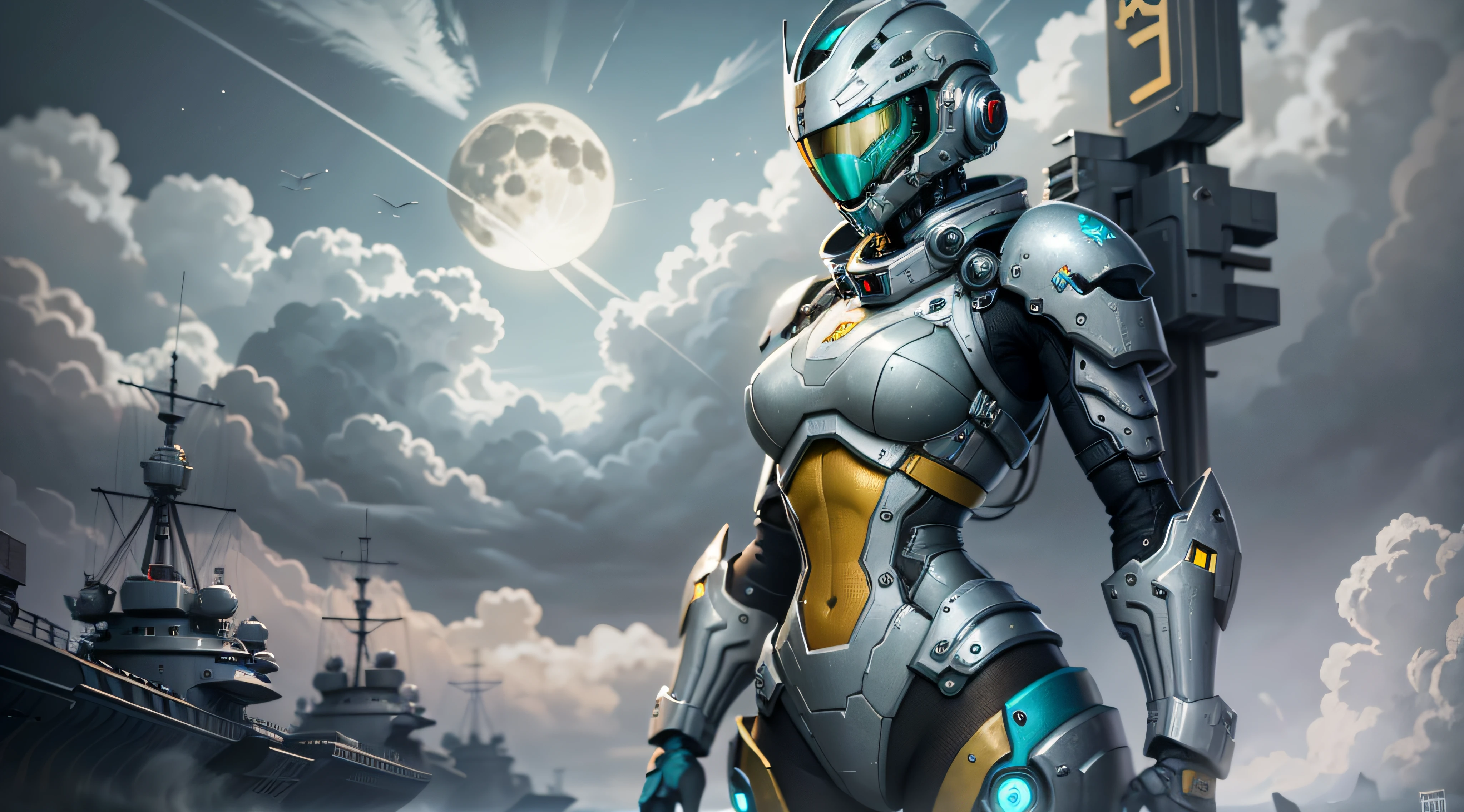 Espaço marinho, Martelo 40,000, mundo em guerra, linda mulher cyberpunk com armadura mecha master chef halo muito detalhado, Warframe Mecha, cores vibrantes, vermelho, Branco, azul, verde, amarelo metálico, enferrujada, Usado, sujo de sangue, com céu com nuvens e lua cheia e navios de guerra, corpo inteiro com armadura detalhada, campo de batalha sangrento,