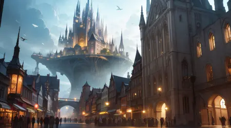 jiji，There are no people，((chic), Best Picture Quality, Visual spectacle, Magical atmosphere, (FANTASY CITY OR QUIET MAGIC CITY), Summary of details, Immersive, (SPECIAL EFFECT LIGHTING OR LIVE LIGHTING))，middle ages，Europeans，There are wyverns in the sky，...