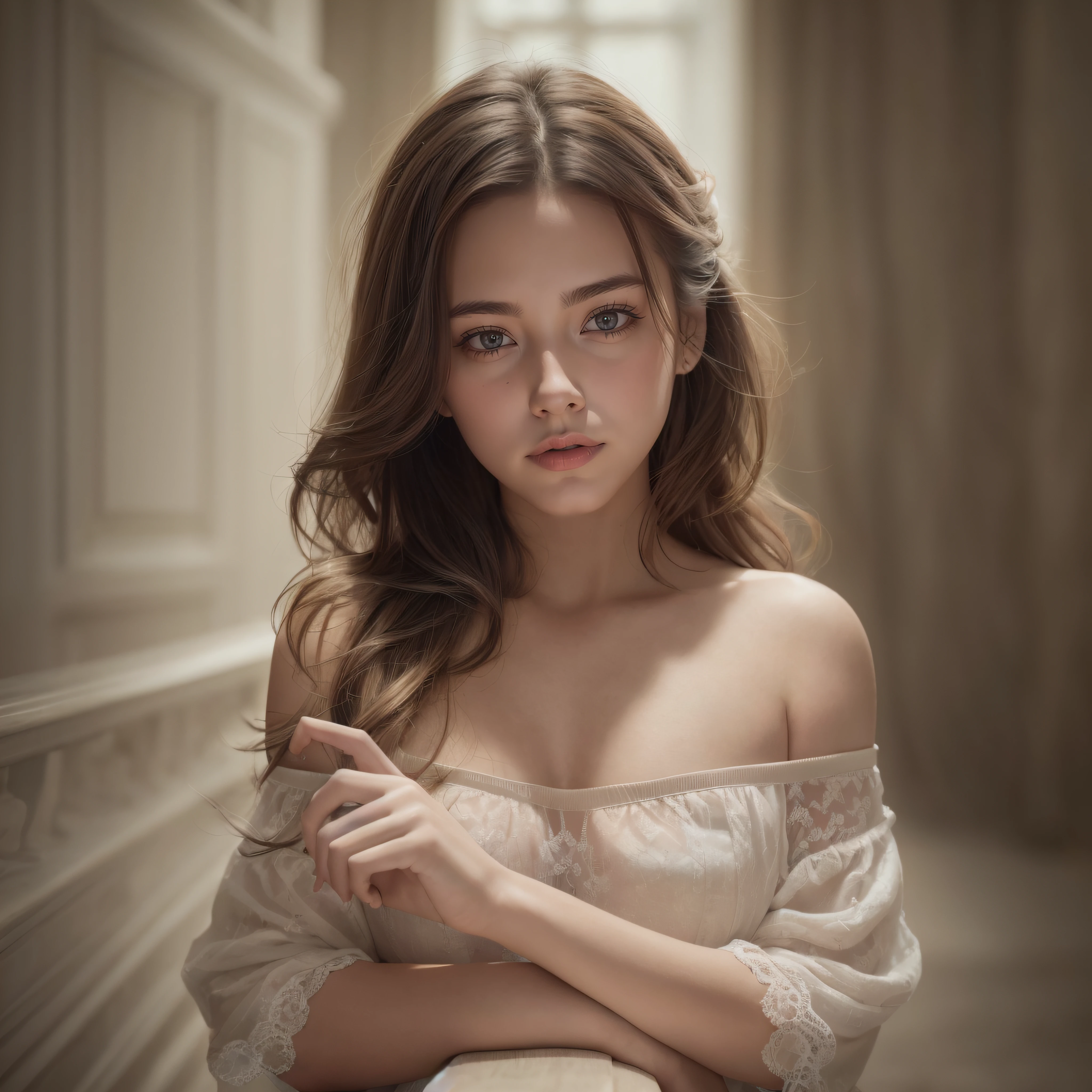 Best Quality ,Masterpiece,ultra-highres,(photographrealistic:1.4), 1 girl, Looking at Viewer, Wearing oversized off-shoulder knit over lingerie, famous actress, Very beautiful,kawaii, Cinematic, 35mm lens, F/ 1. 8, Accent Lighting, 8K,Real women、raw skin、Raw foto、