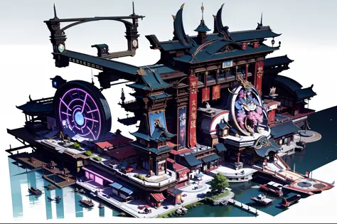 game academy，ethno-style architecture，ancient chinese，game icons，（future science fiction，neon lit，the cyberpunk，hologram aura、pa...