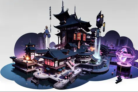 Game Academy，Ethno-style architecture，Ancient Chinese，game icons，（Future science fiction，neon lit，The cyberpunk，Hologram aura、Pa...