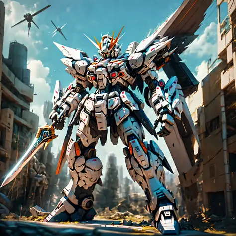 Statue of Arakhi，A large robot with a sword on it, on a gundam, GUNDAM ROBOT, gundam is windmill shaped, gundam style, an anime ...