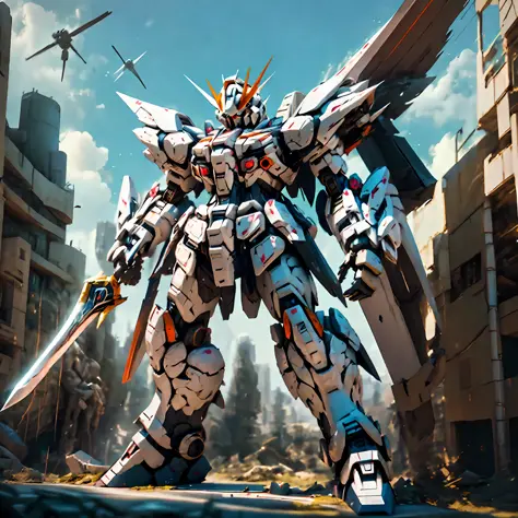 Statue of Arakhi，A large robot with a sword on it, on a gundam, GUNDAM ROBOT, gundam is windmill shaped, gundam style, an anime ...