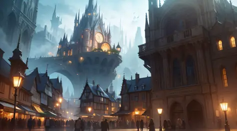 jiji，Bustling crowds，Streets，((chic), Best Picture Quality, Visual spectacle, Magical atmosphere, (FANTASY CITY OR QUIET MAGIC CITY), Summary of details, Immersive, (SPECIAL EFFECT LIGHTING OR LIVE LIGHTING))，middle ages，Europeans，There are wyverns in the ...