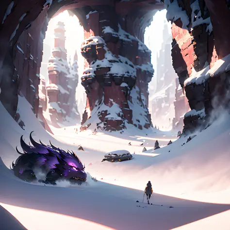 Mohe，canyon，Blizzard，Giant purple-pink monster，Smoke rises，电影光感，The perspective is exaggerated，Magic Cave，Thick fog background，（...
