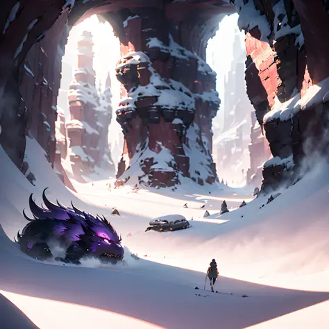 mohe，canyon，blizzard，giant purple-pink monster，smoke rises，电影光感，the perspective is exaggerated，magic cave，thick fog background，（...