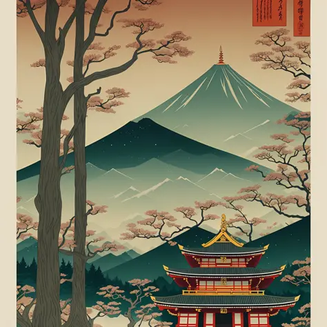 a poster of a pagoda in the middle of a forest, japanese art style, japanese inspired poster, studio ghibli and dan mumford, jap...