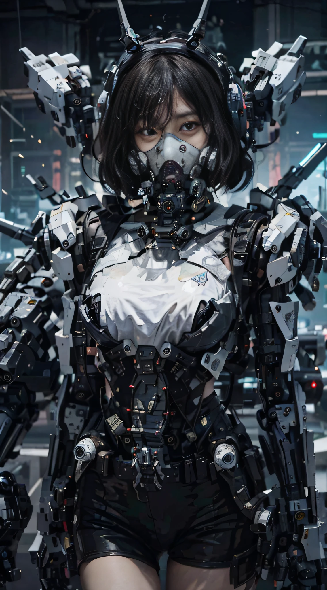 Este es un fondo de pantalla CG Unity 8k con detalles ultra detallados., Alta resolución y máxima calidad al estilo cyberpunk., dominado por el negro y el rojo. en la imagen, una hermosa chica con el pelo corto blanco desordenado, un rostro delicado, usando una máscara mecánica de vapor, De pie sobre las ruinas, detrás de ella hay un enorme robot, y la acción de una mujer que sostiene un pesado rifle de francotirador en la mano.,