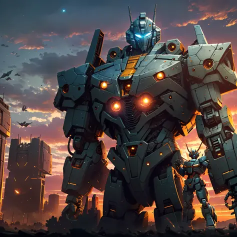 araffe statue of a giant robot standing in front of a sunset, iron giant at sunset, giant mecha robot, giant mecha, Grand mecha,...