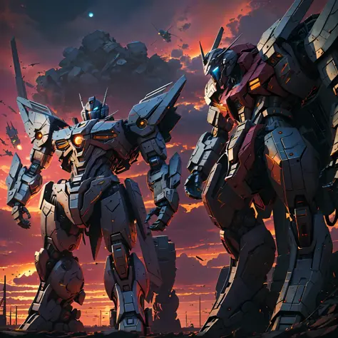 araffe statue of a giant robot standing in front of a sunset, iron giant at sunset, giant mecha robot, giant mecha, Grand mecha,...