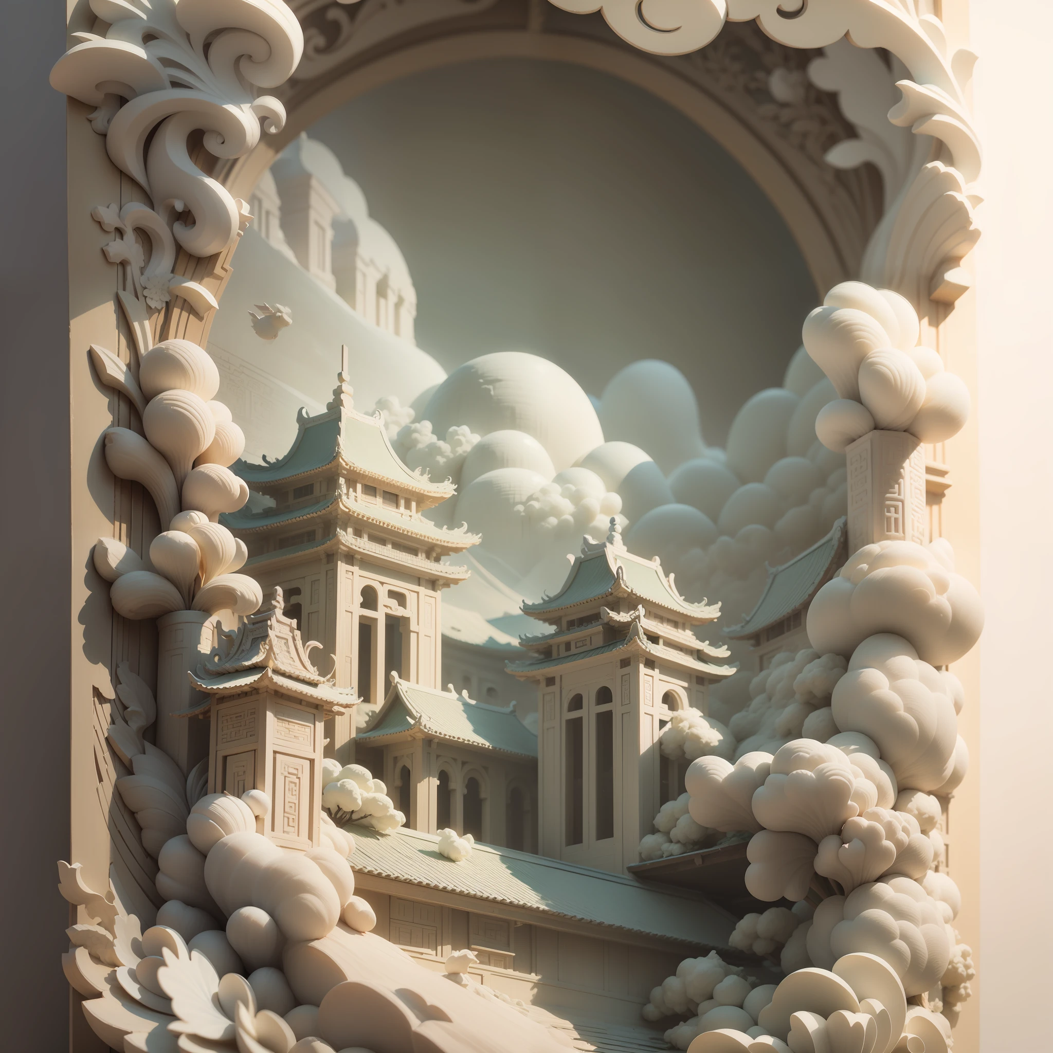 Relief 3D, méticuleusement sculpté, sculpture sur ivoire, Illustration chinoise sur fond blanc, pastel, style chinois traditionnel, Peinture de paysage oriental, Embarcation multidimensionnelle de brouillard en papier, illustration de papier, vue super grand angle, rêveur, 8k, Romantique, haute résolution, 8k