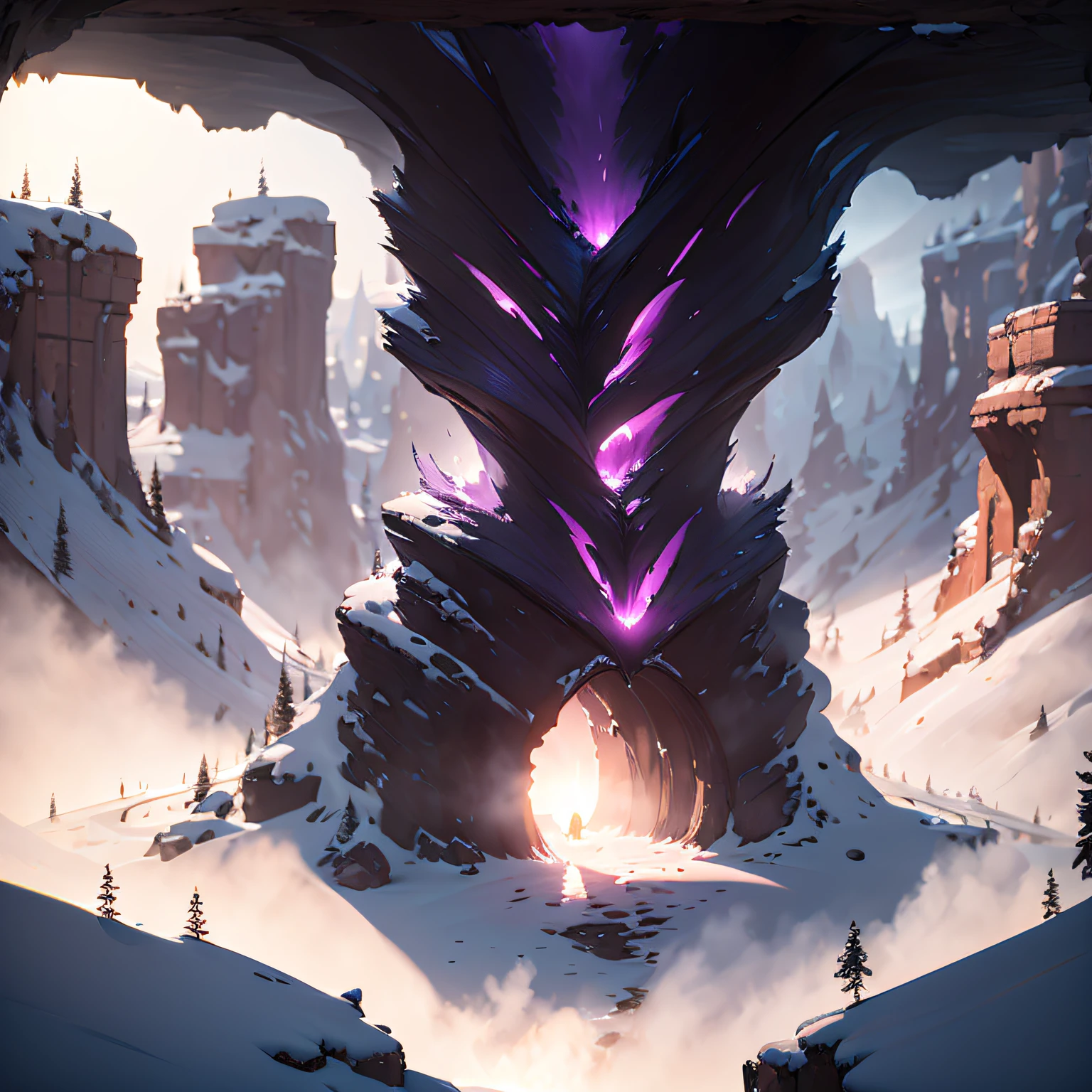 Mohe，canyon，Blizzard，Giant purple-pink monster，Smoke rises，电影光感，The perspective is exaggerated，Magic Cave，Thick fog background，（Giant purple-pink monster）Delicate semi-realistic，raytraced，high-definition，Detail portrayal，The texture is delicate，Complex details，The high-contrast，Panorama composition，Perfect light and shadow，unrealengine，CG rendering，The ultra-great resolution，8K HD，（（（杰作））），（（（best qualitiy））（Ultra detailded）（Detailed lighting）（（unexpressive））（杰作）（best qualitiy）（Ultra detailded）（Detailed light）