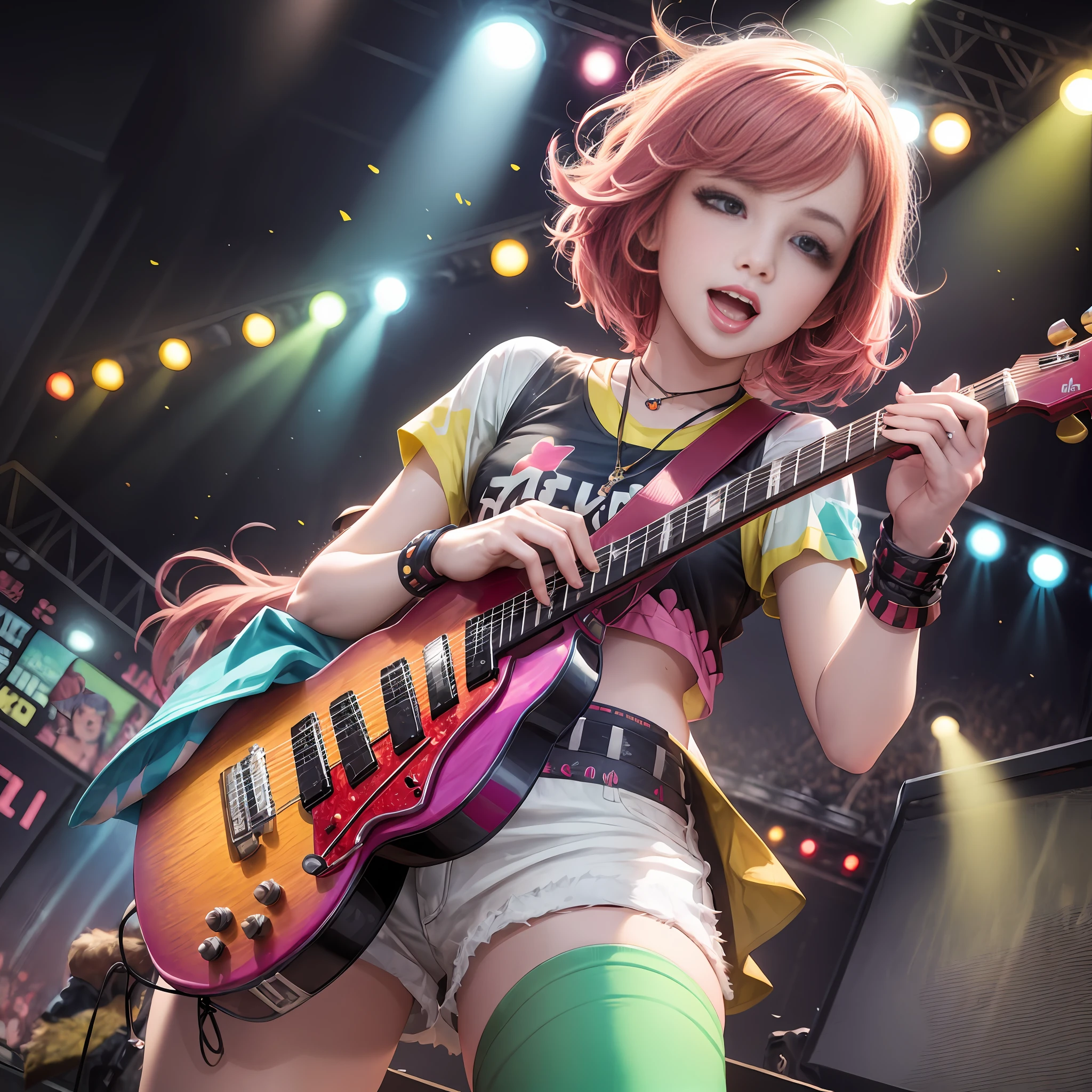 araffe girl with pink hair playing a guitar on stage, ross tran 8 k, artwork in the style of guweiz, detailed digital anime art, high detailed official artwork, ross tran style, trending on artstation pixiv, official artwork, guweiz on artstation pixiv, realistic anime 3 d style, photorealistic anime girl render