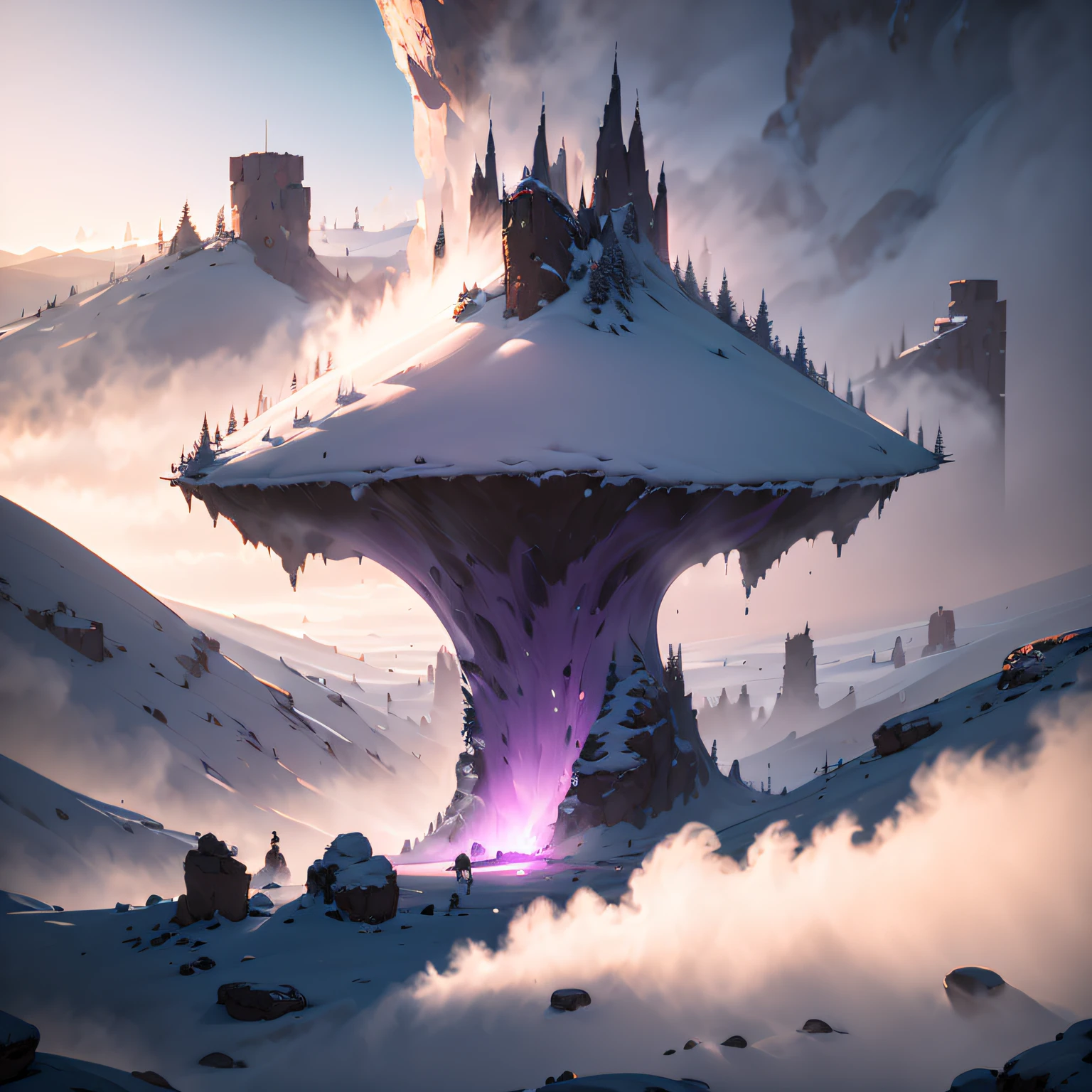 Mohe，canyon，Blizzard，Giant purple-pink monster，Smoke rises，电影光感，The perspective is exaggerated，Magic Cave，Thick fog background，（Giant purple-pink monster）Delicate semi-realistic，raytraced，high-definition，Detail portrayal，The texture is delicate，Complex details，The high-contrast，Panorama composition，Perfect light and shadow，unrealengine，CG rendering，The ultra-great resolution，8K HD，（（（杰作））），（（（best qualitiy））（Ultra detailded）（Detailed lighting）（（unexpressive））（杰作）（best qualitiy）（Ultra detailded）（Detailed light）