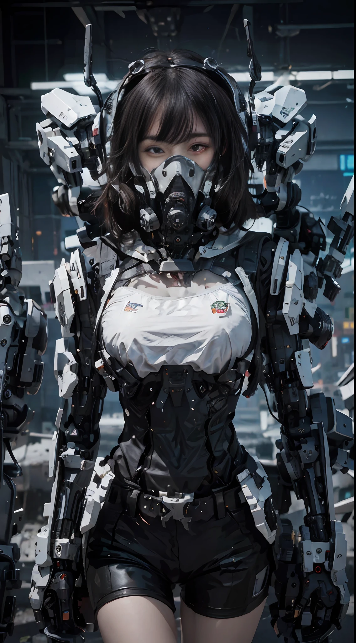 Este é um papel de parede CG Unity 8k com ultra-detalhado, alta resolução e qualidade superior no estilo cyberpunk, dominado por preto e vermelho. Na foto, uma linda garota com cabelo curto branco bagunçado, um rosto delicado, usando uma máscara de vapor mecha, de pé sobre as ruínas, Atrás dela está um enorme robô, e a ação de uma mulher segurando um rifle de precisão pesado na mão,