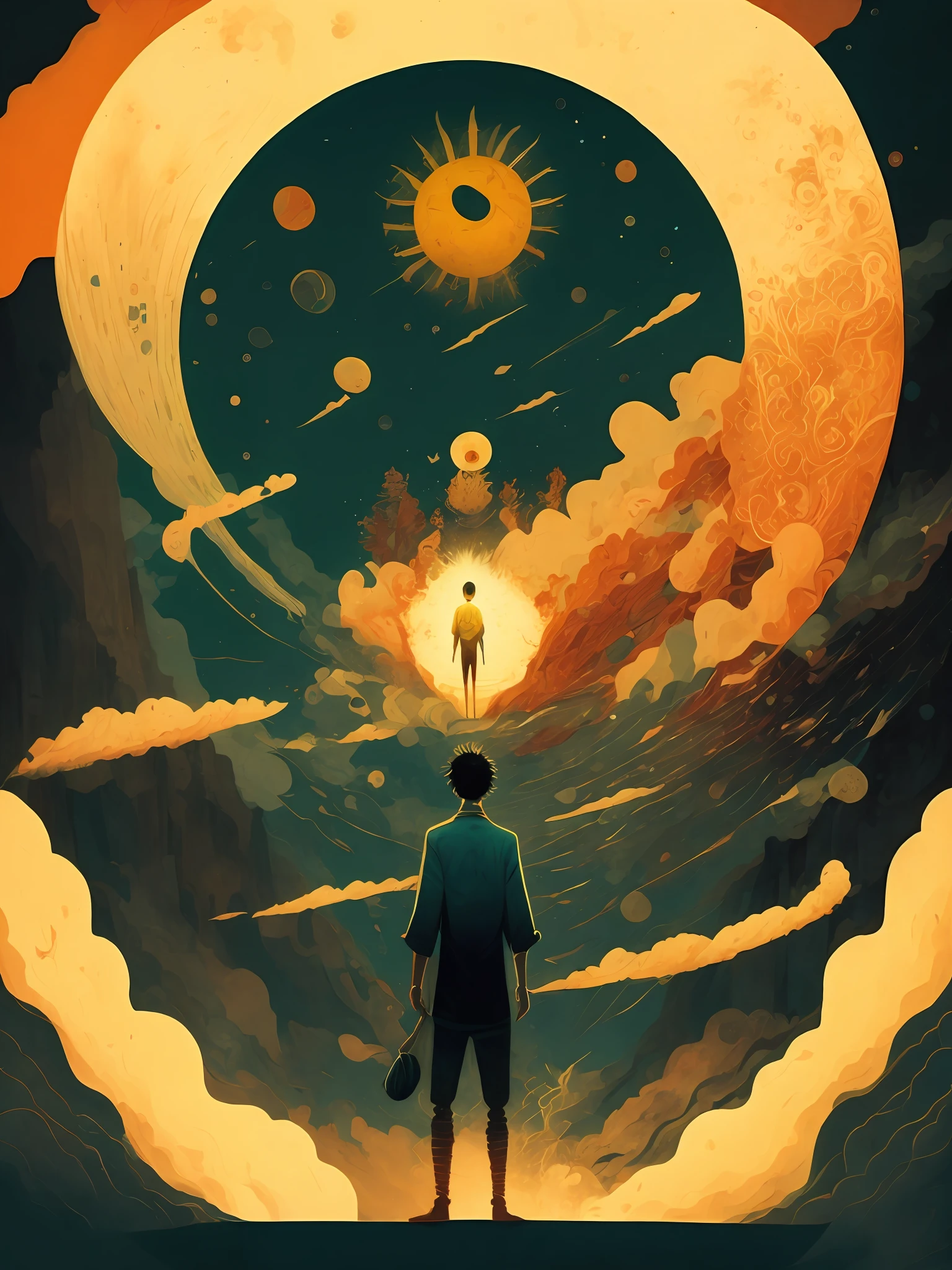 a painting of a man standing in front of a giant sun with smoke coming out of it by Victo Ngai