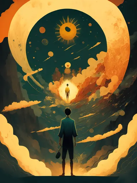 a painting of a man standing in front of a giant sun with smoke coming out of it by victo ngai