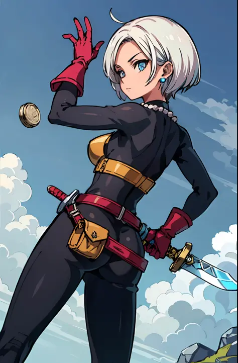 (masterpiece, best quality:1.1), thief (dq3), 1girl, solo, short hair, white hair, blue eyes, medium breasts, pink gloves, jewelry, pearl necklace, earrings, belt, sword, yellow breastplate, black bodysuit, bag, (coin, sword on hip:1.2), (dutch angle, dyna...