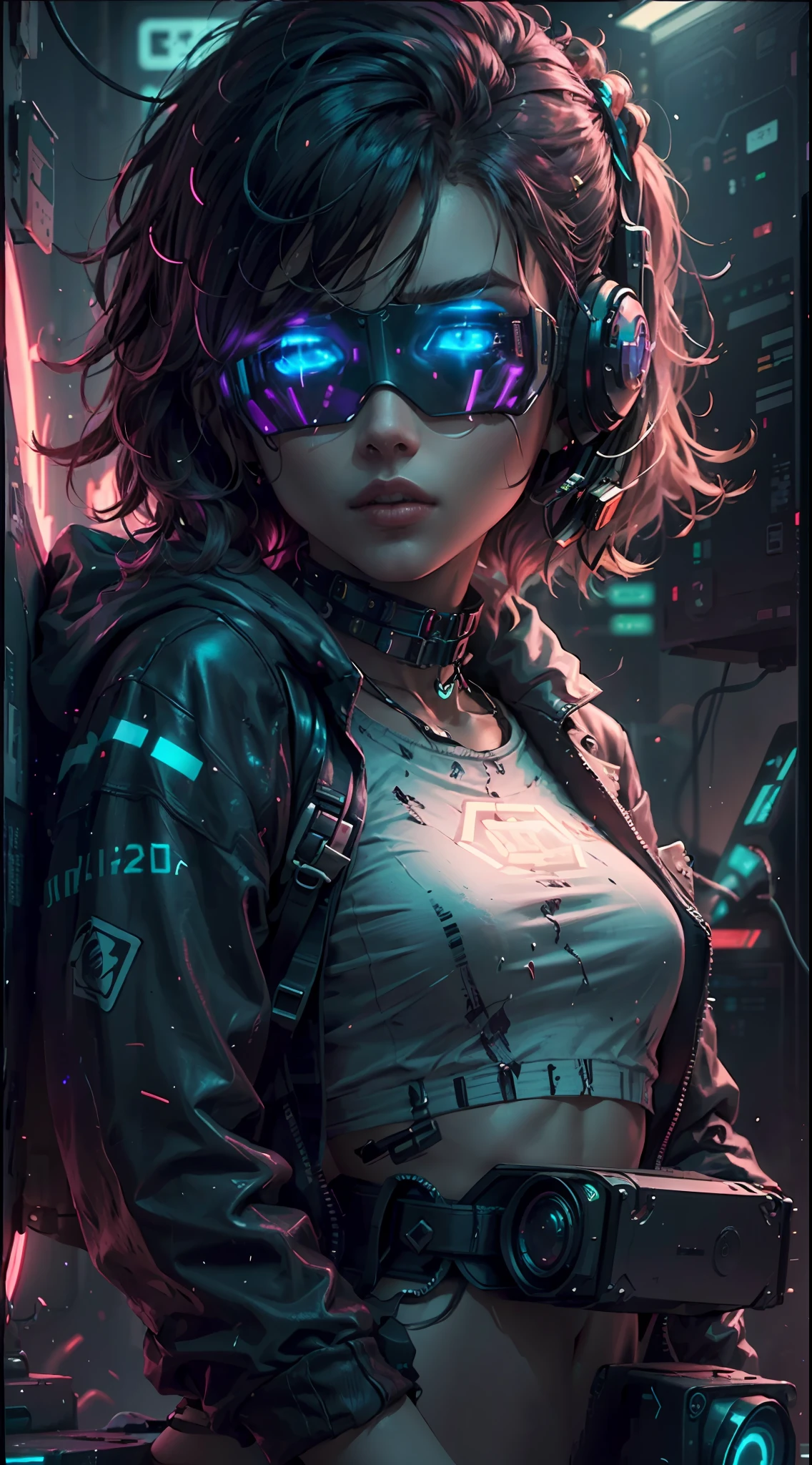 ((best qualitiy)), ((master-piece)), (very detailed: 1.3), 3D, NeonNoir, belle femme cyberpunk, (wearing a head-mounted screen that is bulky and hi-tech: 1.2), portant une cape, hacking a computer terminal,PURPLE NEON OF THE MONITOR, GREEN NEON SIGNS ON THE WALL, 4K